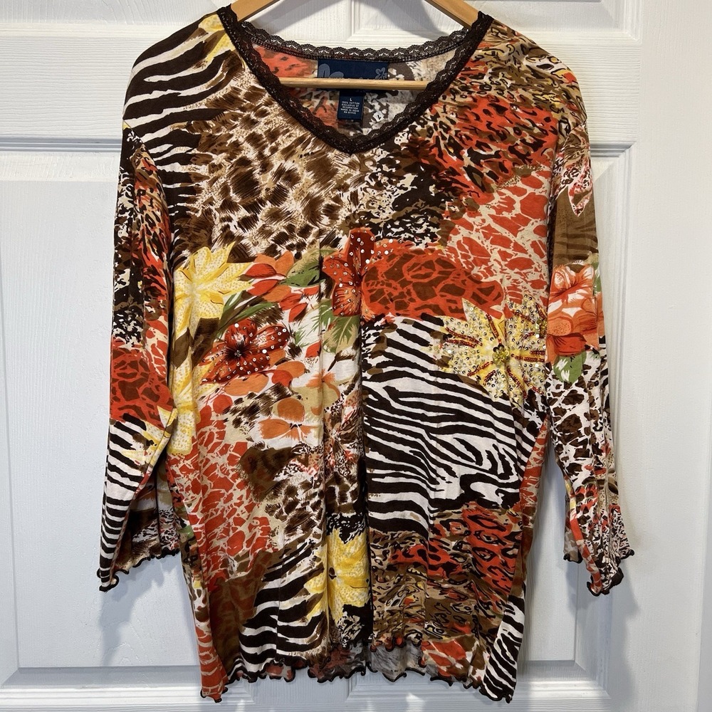 Susan Graver large Floral Animal Print Blouse Granny Core